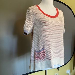 Short Sleeve Knit Pocket Top in Red/Cream/Slate Size Small